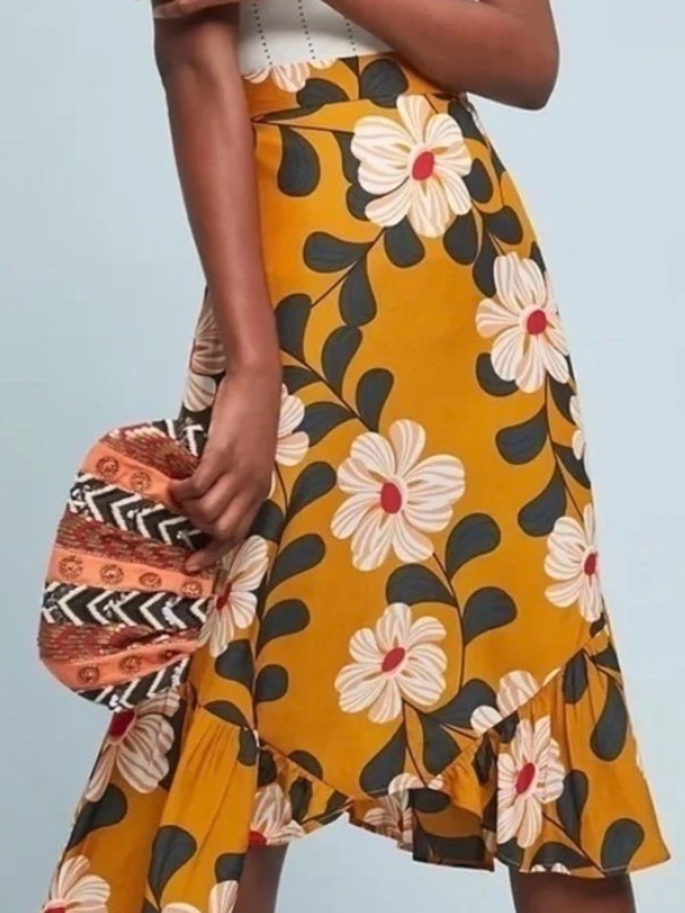 Eva Franco Anthro Yellow Floral Midi Skirt - Women's Printed Ruffle Hem Sz 4
